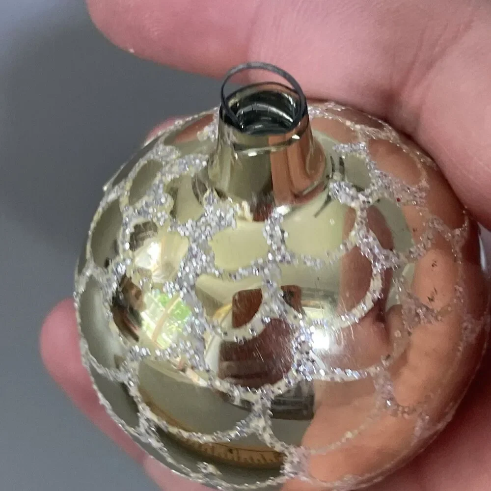 Vintage Hand Painted Blown Glass Christmas Ornament Gold With Scalloped Glitter